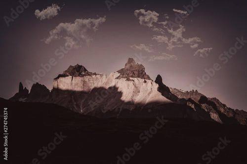 Peaks of Cuernos del Paine at sunrise at Torres del Paine national park  Patagonia  Chile