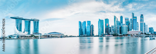 SINGAPORE, SINGAPORE - MARCH 2019: Vibrant panorama background of Singapore skyline at the business bay