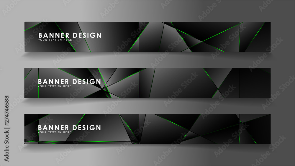 Fototapeta premium square banner vector collection . Black premium background with luxury dark polygonal pattern and green triangle lines