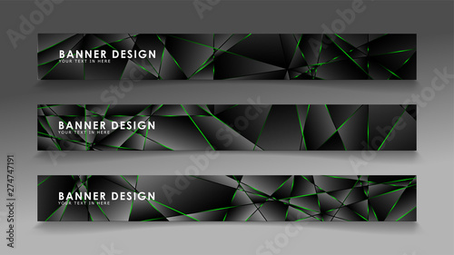 square banner vector collection . Black premium background with luxury dark polygonal pattern and green triangle lines
