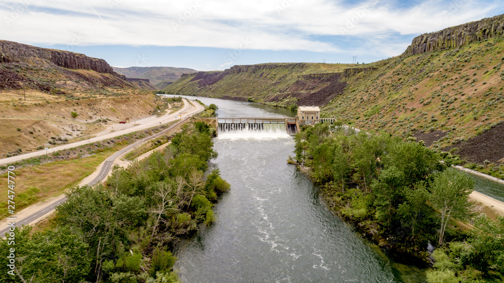 Water flows over Diversion Dam on the Boise river in spring