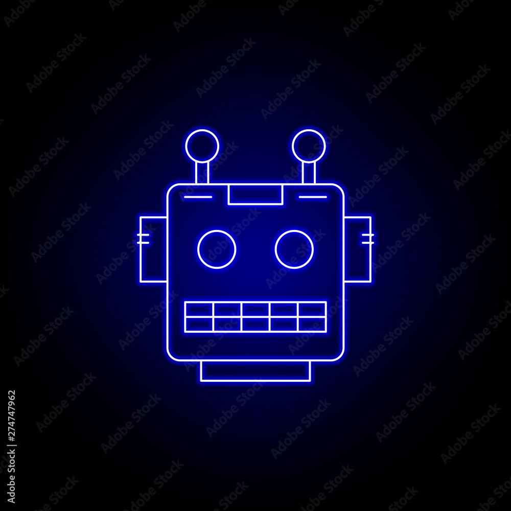 robot, head line icon in blue neon style. Signs and symbols can be used for web, logo, mobile app, UI, UX robot, head line icon in blue neon style. Signs and symbols can be used for web, logo, mobile app, UI, UX