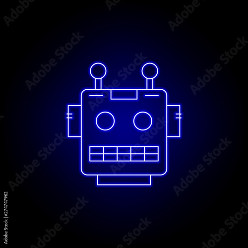 robot, head line icon in blue neon style. Signs and symbols can be used for web, logo, mobile app, UI, UX