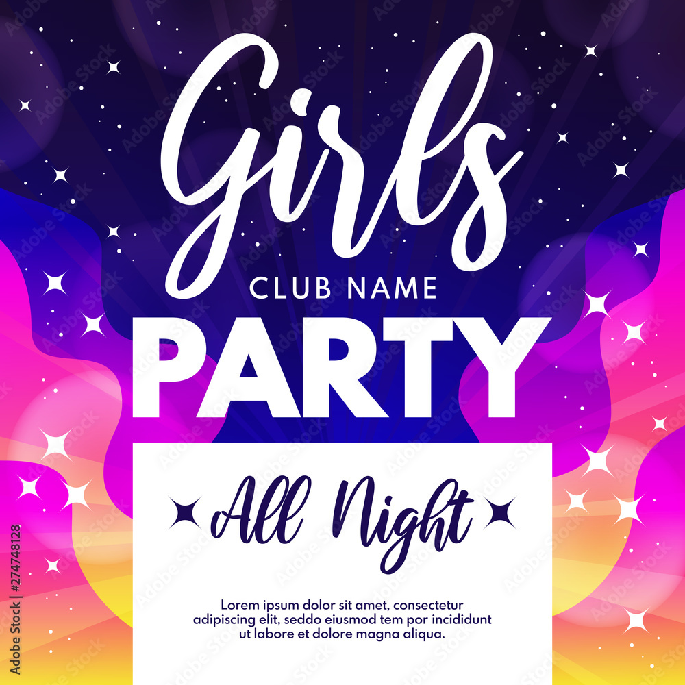 Abstract Girls Party background for banners, flyer, placard and invitation. Place for text. Holiday vector template with stars. Dance party vector background in pink, blue and yellow colors