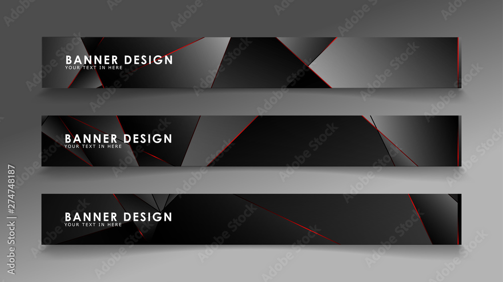 Fototapeta premium Square banner vector collection . Black premium background with luxury dark polygonal pattern and red triangle lines