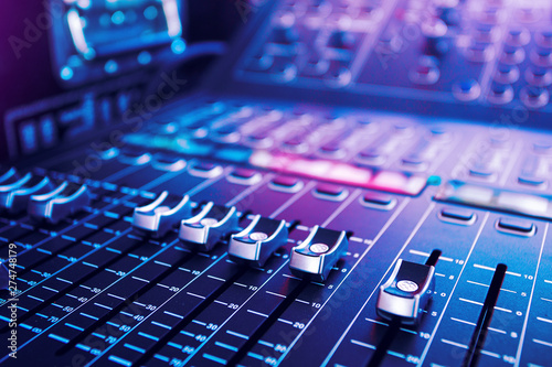 Dj equipment professional sound panel on the audio mixer, Concept sound engineer nightlife party background.