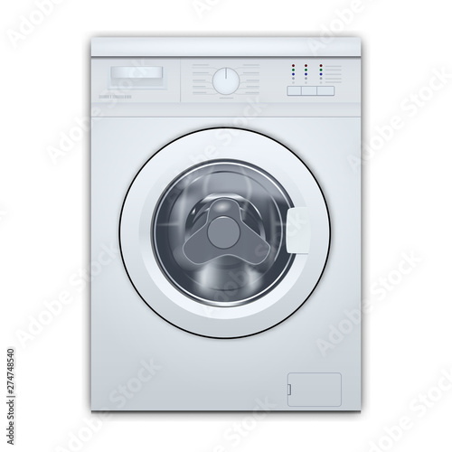 Washing machine front loading isolated on white background. Front view, close-up, closed door. 3d realistic vector