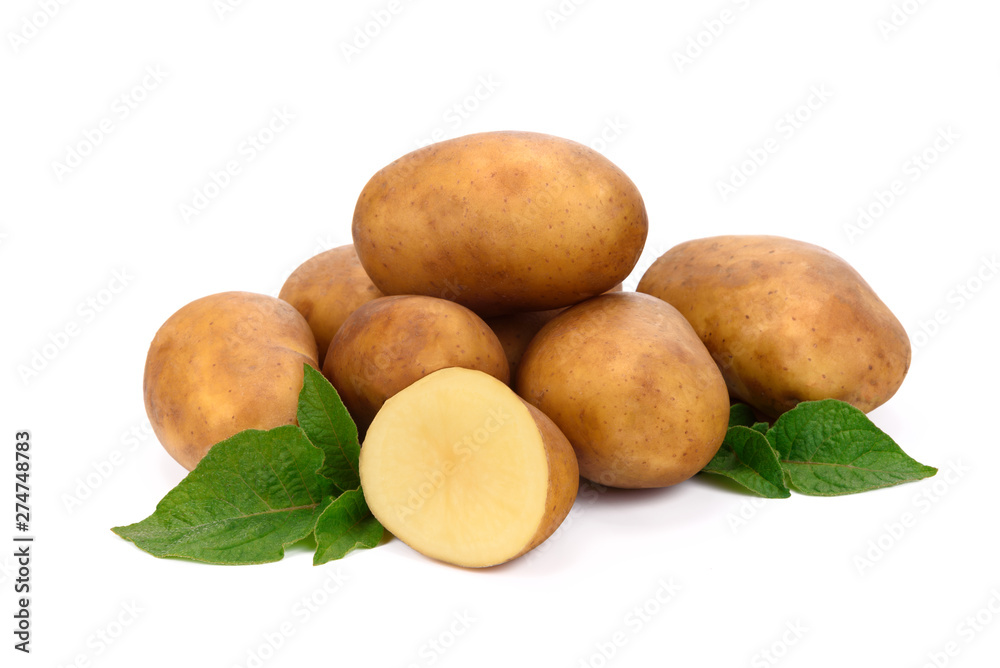Group of new organic yellow whole and sliced potatoes with green leaves isolated on a white background ( high details). Group of new organic yellow whole and sliced potatoes with green leaves isolated on a white background ( high details).