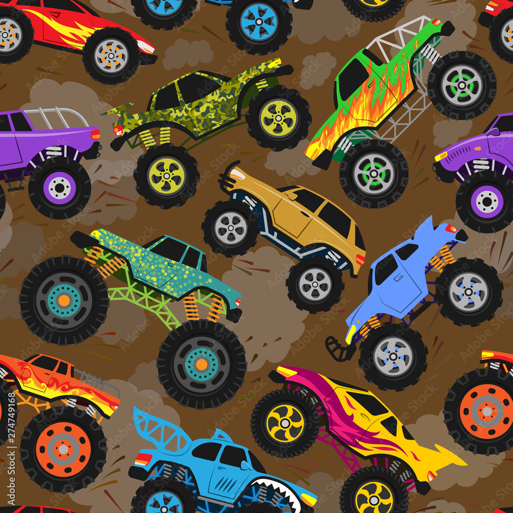 Monster truck show vector cartoon vehicle or car and extreme transport  illustration set of heavy monstertruck with large wheels background Stock  Vector | Adobe Stock