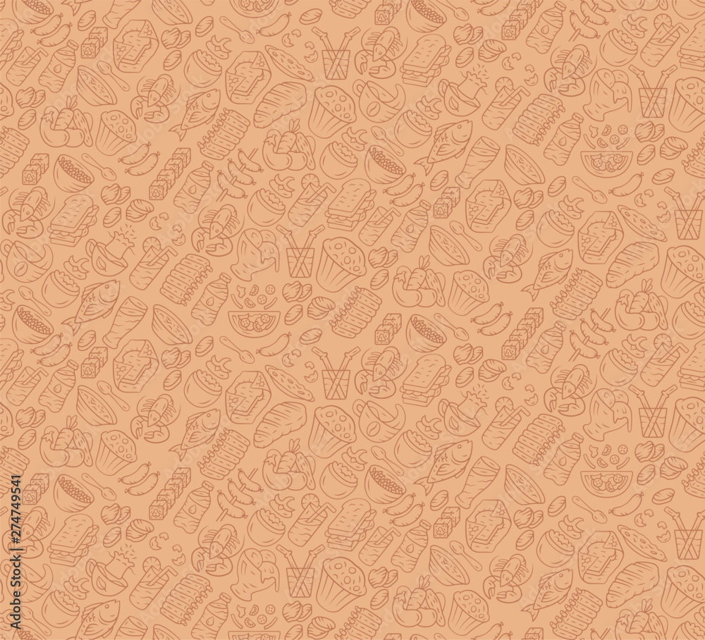 Food vector seamless pattern. Cuisine, fast food wallpaper with gastronomy  icons. Brown, pastelle, sepia color texture. Decorative textile, wrapping  paper design. Bright background for menu, receipts Stock Vector | Adobe  Stock
