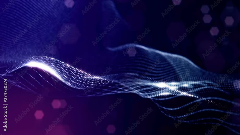 Microworld or nano technology blue background. Seamless looped animation with glow particles. Abstract sci-fi virtual space of luminous particles oscillate and form wavy dot structures in 3d. 12