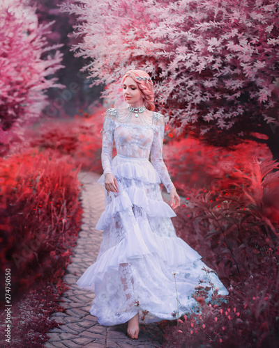 parallel reality, fabulous mermaid in underwater world walks path, girl in red surrealistic world with coral trees, princess with pink hair in long white vintage lace dress, queen of hot autumn. photo