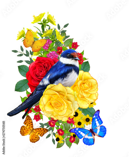 Tit bird sits on a branch of bright red flowers, yellow roses, green leaves, beautiful butterflies. Isolated on white background. Flower composition.