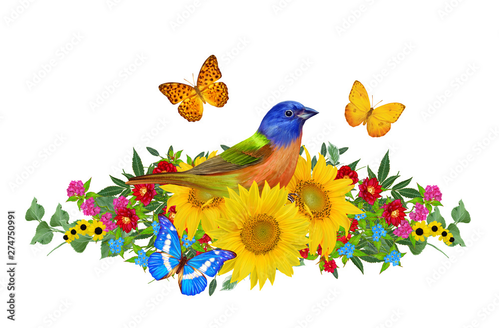 Tit bird sits on a branch of bright red flowers, yellow sunflowers, green leaves, beautiful butterflies. Isolated on white background. Flower composition.