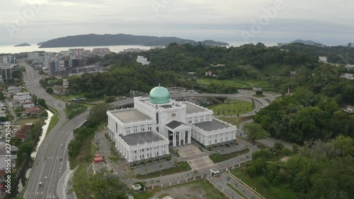 Aerial drone footage of new building of Komplex Mahkamah Kota Kinabalu(Kota  Kinabalu Court Complex), Sabah, Malaysia