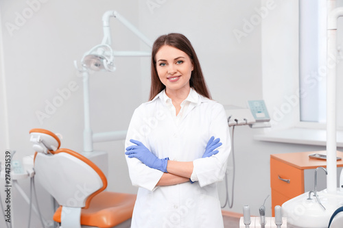 Portrait of female dentist in modern clinic