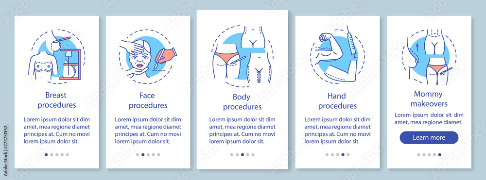 Plastic surgery center procedures onboarding mobile app page screen with linear concepts Plastic surgery center procedures onboarding mobile app page screen with linear concepts