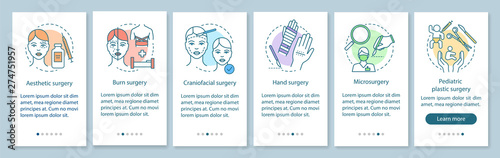 Plastic surgery sub-specialties onboarding mobile app page screen with linear concepts