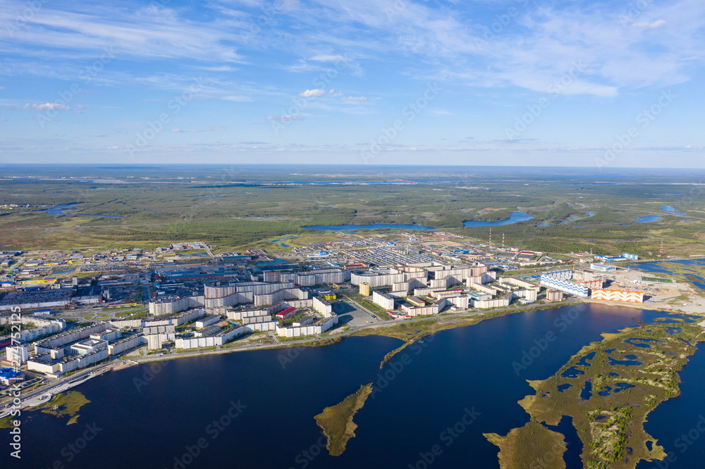 The Russian city of Nadym in the summer among the forest-tundra of Yamal