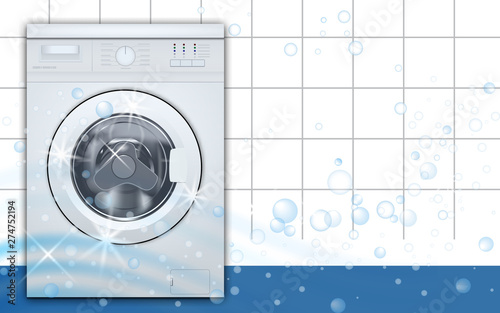 Washing machine front loading in empty laundry room background. 3d realistic vector. Front view, close-up, closed door.