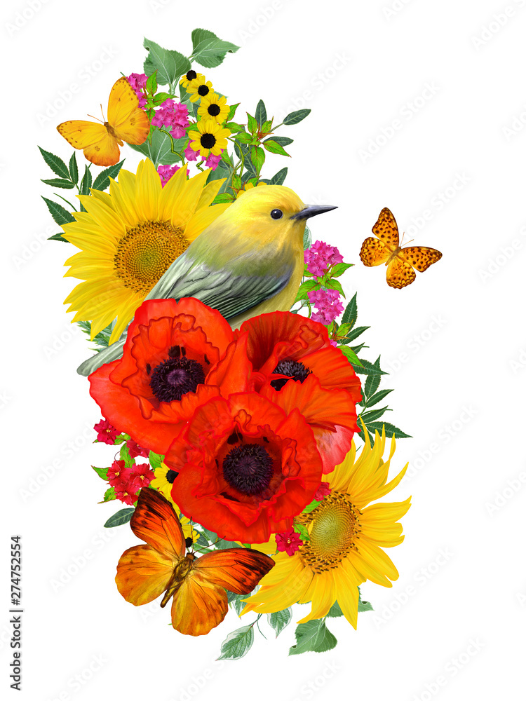 bird sits on a branch of bright red poppy flowers yellow sunflowers, green leaves, beautiful butterflies. Isolated on white background. Flower composition.