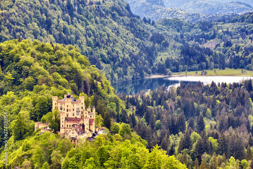 Majestic sunset at Hohenschwangau lake. Hohenschwangau castle. Bavarian alps in Germany