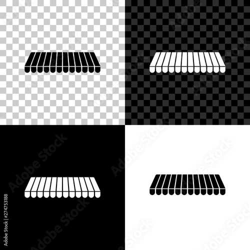 Striped awning icon isolated on black, white and transparent background. Outdoor sunshade sign. Awning canopy for shops, cafes and street restaurants. Vector Illustration