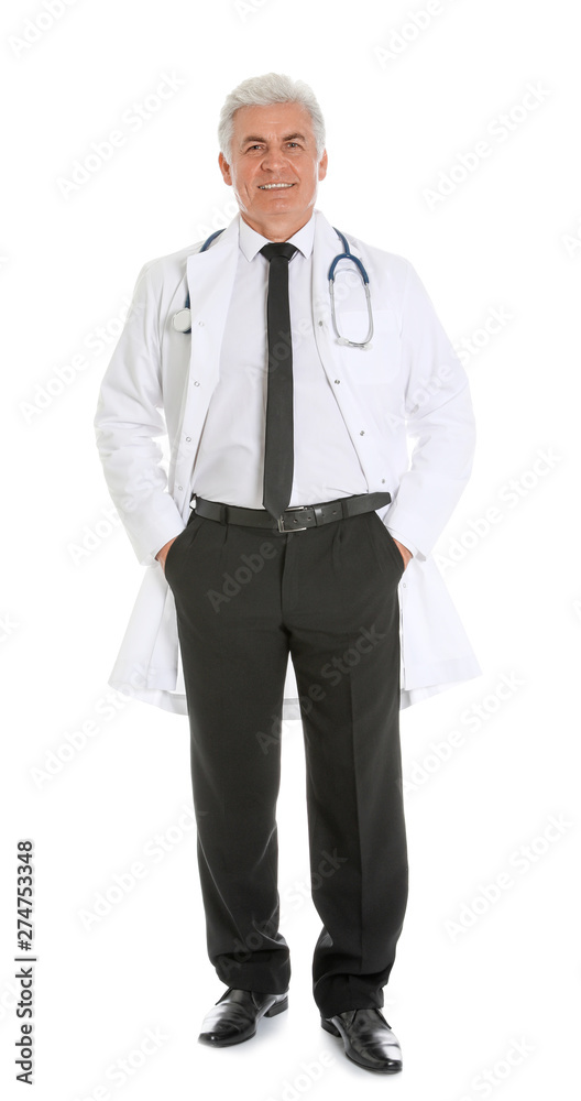 Full length portrait of male doctor with stethoscope isolated on white. Medical staff Full length portrait of male doctor with stethoscope isolated on white. Medical staff