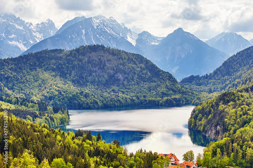 Majestic landscape at Hohenschwangau lake and mountains. Bavarian alps in Germany