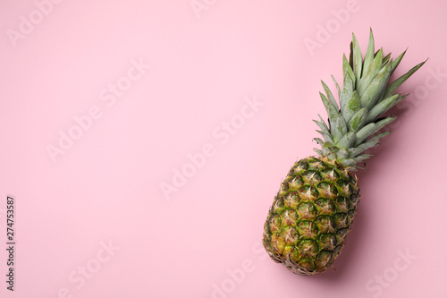 Fresh whole pineapple on pink background, top view. Space for text