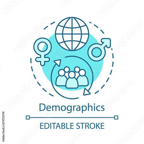 Demographics turquoise concept icon. Worldwide population idea thin line illustration. Different societies, cultures, ethnicity, gender, region, ages vector isolated outline drawing. Editable stroke