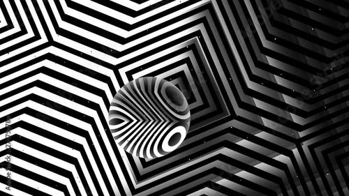 Striped square pattern with shadow and moving sphere. Psychedelic optical illusion. Seamless looping animation.