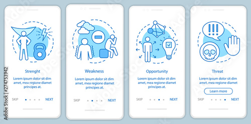 SWOT analysis blue onboarding mobile app page screen vector template. Strength, weakness, opportunity, threat walkthrough website steps with illustrations. UX, UI, GUI smartphone interface concept