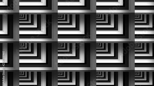 Pattern with corners of black white square striped lines. Optical illusion effect. Geometric tile in op art style. Illusive background, texture. Seamless looping animation.