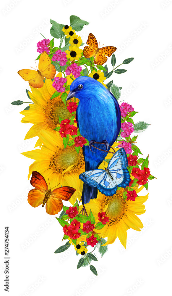 blue bird sits on a branch of bright red flowers, yellow sunflowers, green leaves, beautiful butterflies. Isolated on white background. Flower composition. blue bird sits on a branch of bright red flowers, yellow sunflowers, green leaves, beautiful butterflies. Isolated on white background. Flower composition.