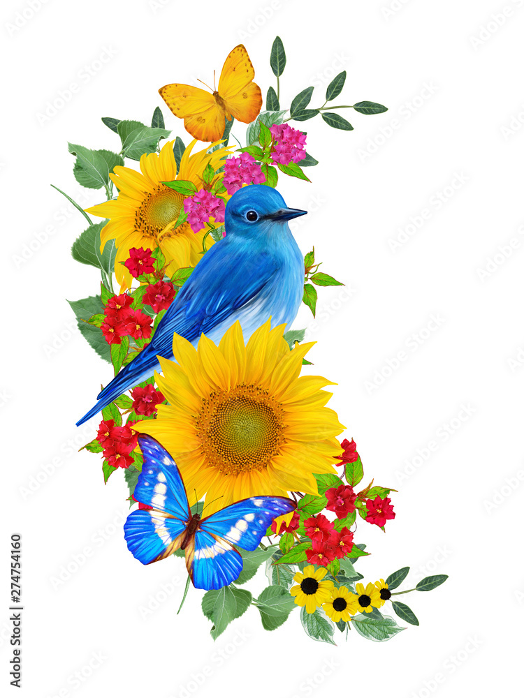 blue bird sits on a branch of bright red flowers, yellow sunflowers, green leaves, beautiful butterflies. Isolated on white background. Flower composition.