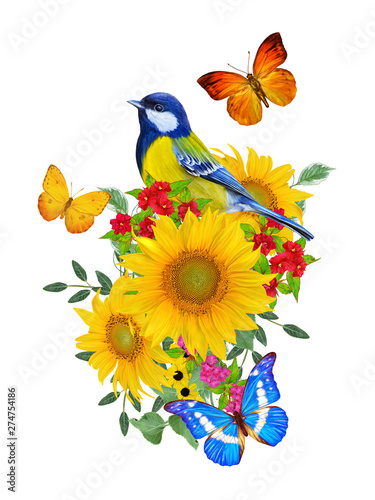 blue bird sits on a branch of bright red flowers  yellow sunflowers  green leaves  beautiful butterflies. Isolated on white background. Flower composition.