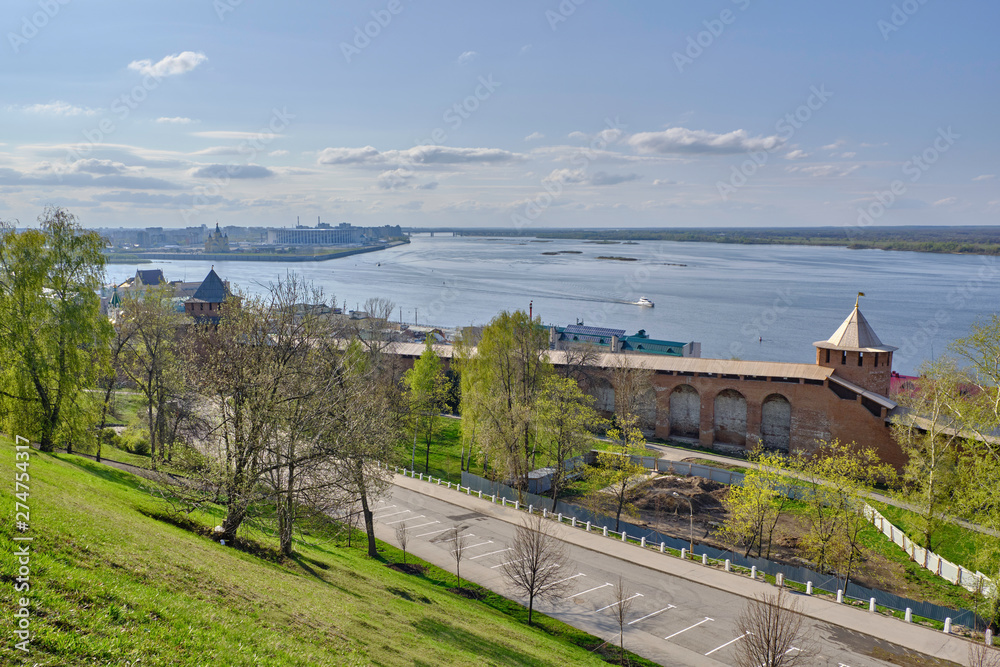 Scenic aerial panoramic view of historic center of old tow Nizhniy Novgorod. Beautiful sunny summer look of ancient historic touristic city in Russian Federation