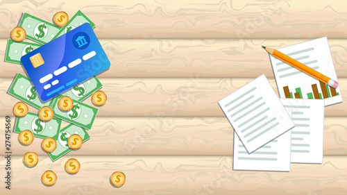 Accounting concept. Tax report. Financial audit, data analysis, marketing research, bookkeeping. Paperwork on wooden desk with credit card, heap of cash and coins, pencil and paper chart. Copy space
