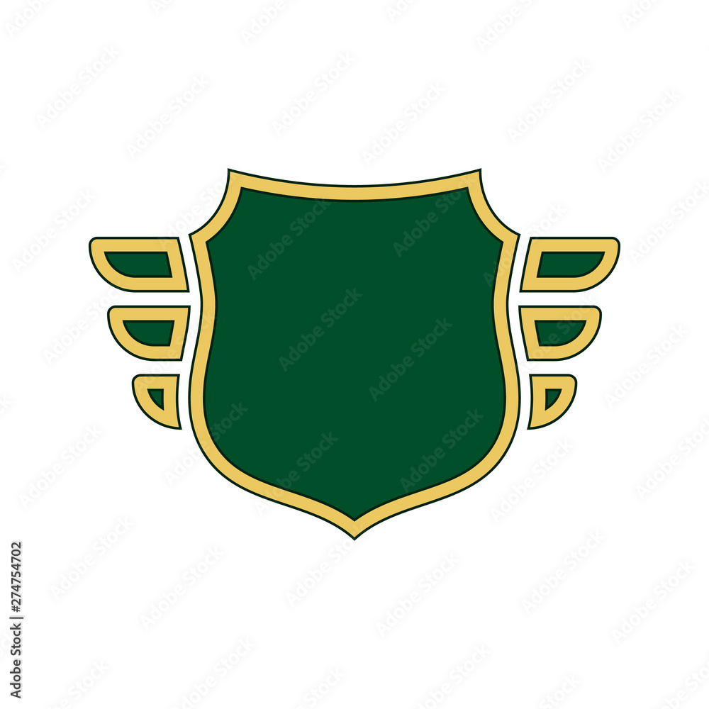 Shield green icon. Gold outline shape shield, simple wings isolated white background. Flat design sign. Symbol security protection ecology, secure protect guard, eco safety nature. Vector illustration Shield green icon. Gold outline shape shield, simple wings isolated white background. Flat design sign. Symbol security protection ecology, secure protect guard, eco safety nature. Vector illustration