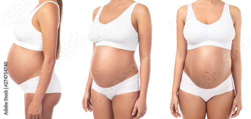 Pregnant woman wearing lingerie on white background