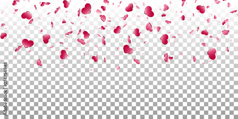 Heart falling confetti isolated white transparent background. Pink fall hearts. Valentine day decoration. Love element design, hearts-shape confetti wedding card, romantic holiday. Vector illustration