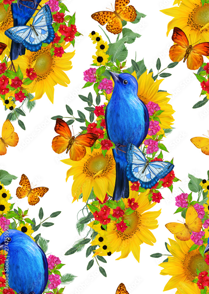 Seamless floral pattern. blue bird sits on a branch of bright red flowers, yellow sunflowers, green leaves, beautiful butterflies.
