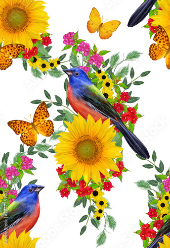 Seamless floral pattern. blue bird sits on a branch of bright red flowers, yellow sunflowers, green leaves, beautiful butterflies.