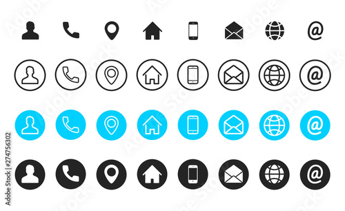 Business card contact information icons. Business card icon set of differents styles. Thin Line symbols set