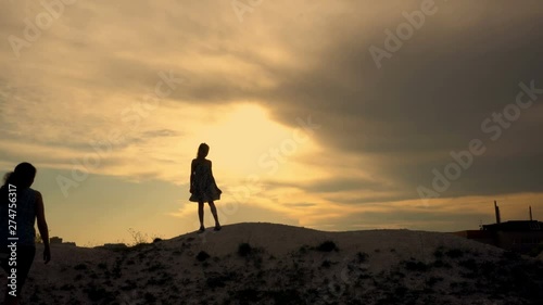 Wallpaper Mural Silhouettes against the sunset sky. Mother and little daughter are standing on the top of the hill. Next to them sits their dog. Mom holds the girl's hand. The concept of a happy family. Close up. 4K. Torontodigital.ca