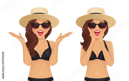 Surprised excited wave hairstyle woman in swimsuit, sunglasses and straw summer hat isolated vector illustration