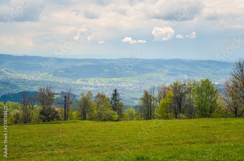 Beautiful spring mountain landscape. Green rural scenery on the hills.