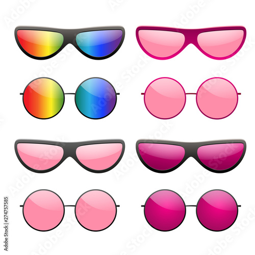 Sunglasses round icon. Pink rainbow sun glasses isolated white background. Fashion pink vintage graphic style. Modern optical beach accessory Eye summer protection. Eyesight symbol Vector illustration