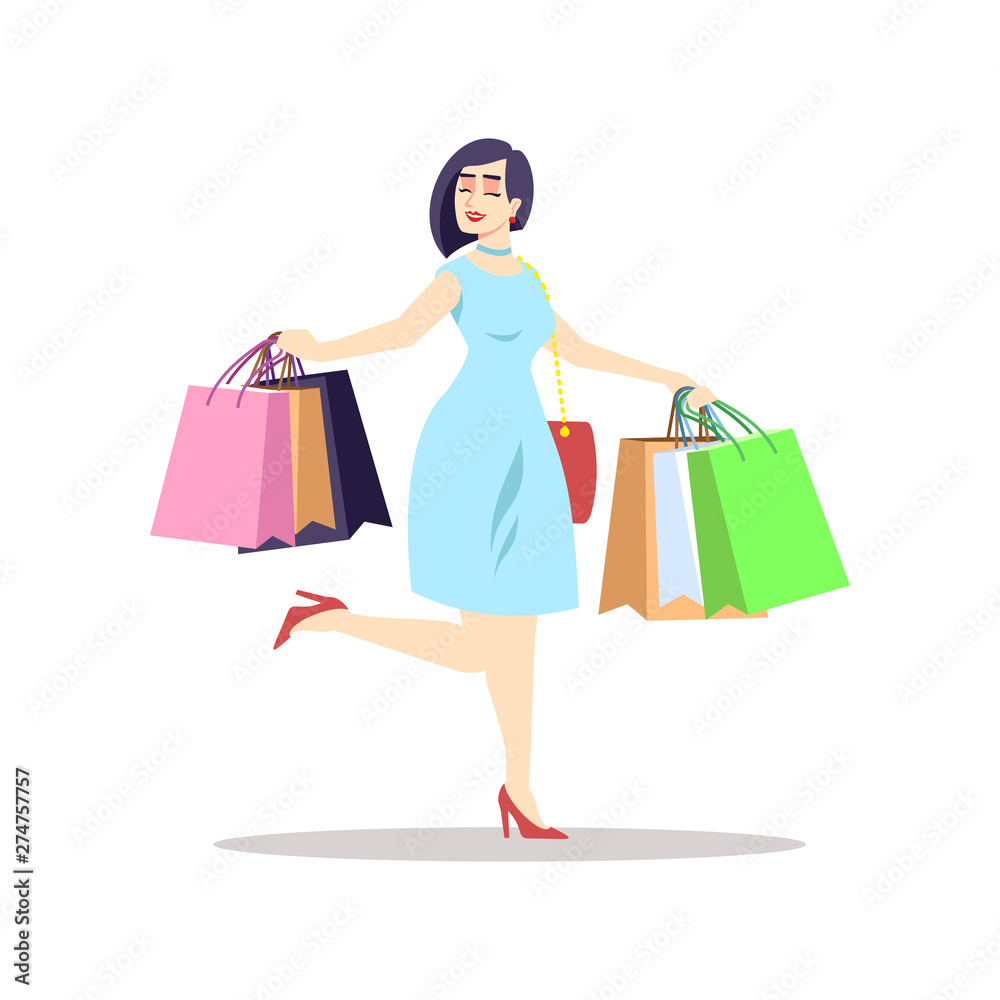 Happy woman with bags flat vector illustration. Female shopaholic isolated cartoon character on white background. Fashion shopping, trends, wardrobe. Big sale, offer, discount advertising